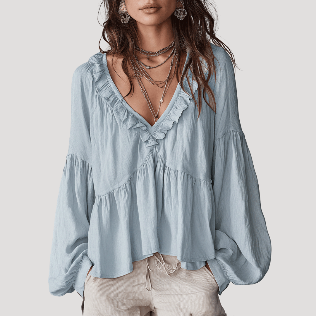 Women's V-Neck Blouse with Ruffles and Long Sleeves