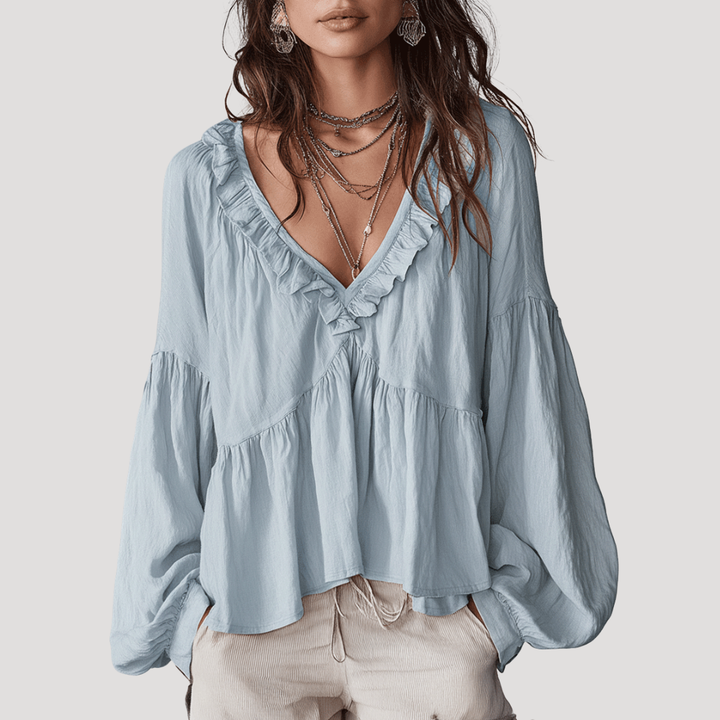 Women's V-Neck Blouse with Ruffles and Long Sleeves