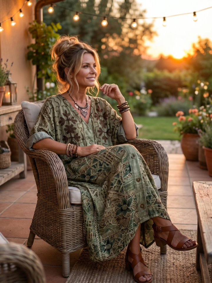 Glyfaith Printed Maxi Dress with Button Placket and Pockets, view 6 - Elena Harper