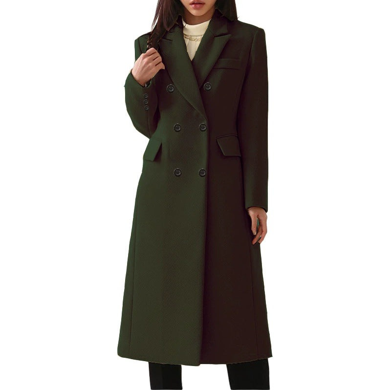 Wool Long Coat with Double Buttons – Elegant Burgundy Lapel Jacket
