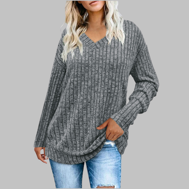 Deri Comfortable Long V-Neck Sweater, view 6 - Elena Harper