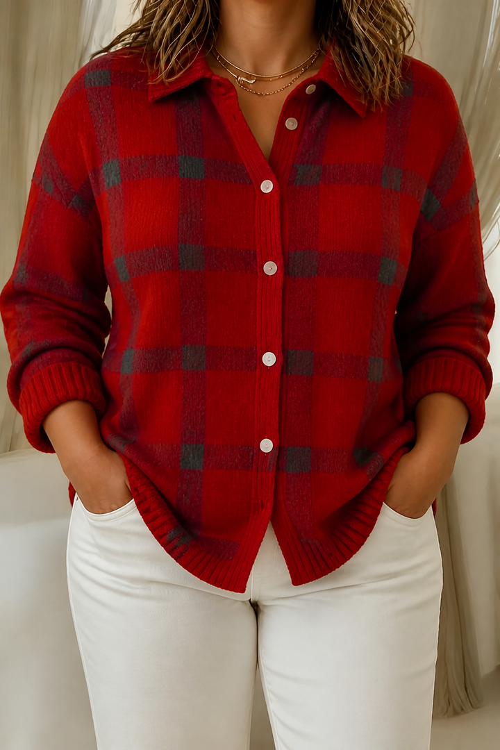 Women's Plaid Button-Up Cardigan with Collar, view 2 - Elena Harper
