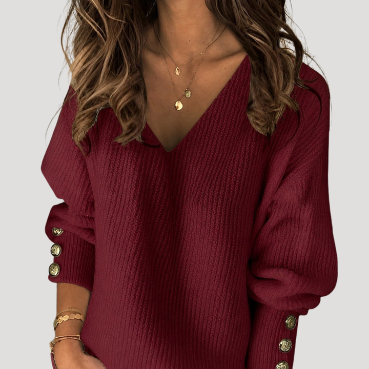 Women's V-Neck Sweater with Button Details