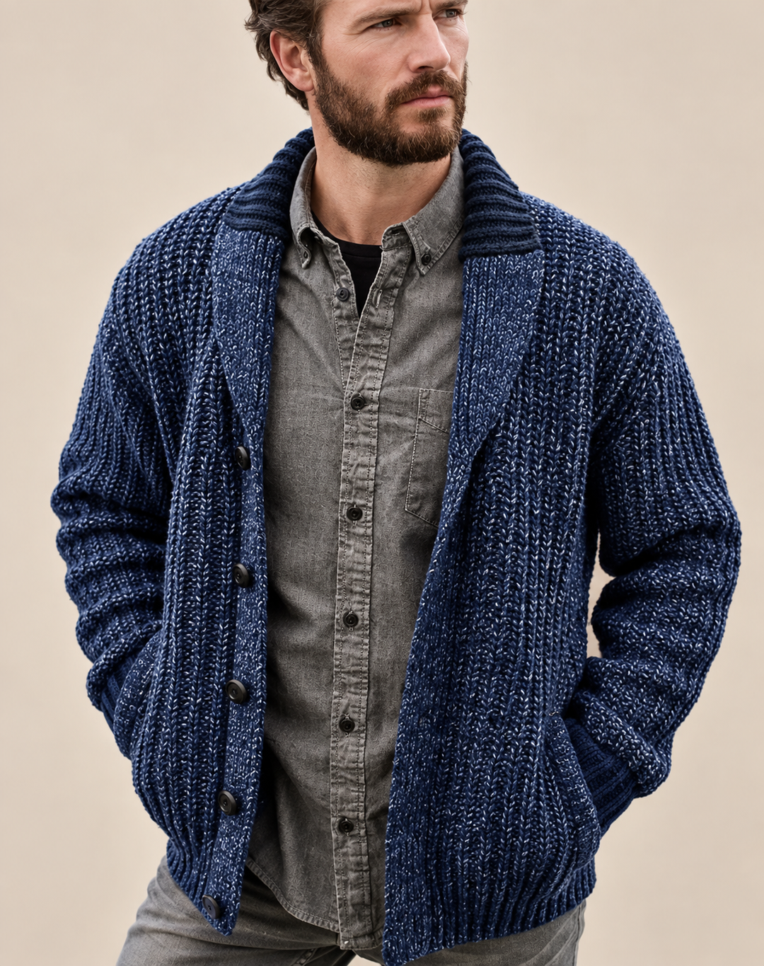 Men's Robust Knitted Cardigan with Shawl Collar and Buttons