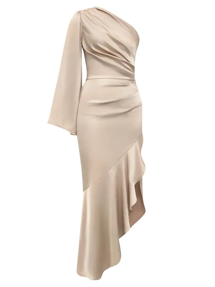 One-Shoulder Satin Ruffle Dress, view 5 - Elena Harper