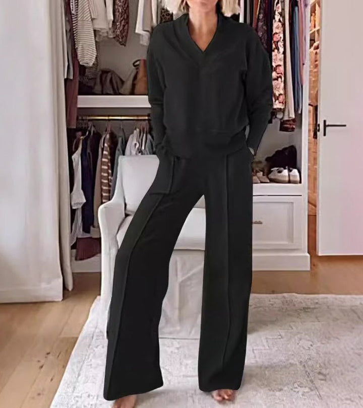 Modern Two-Piece Women's Lounge Set Long Sleeve V-Neck Top and Wide Pants, view 2 - Elena Harper
