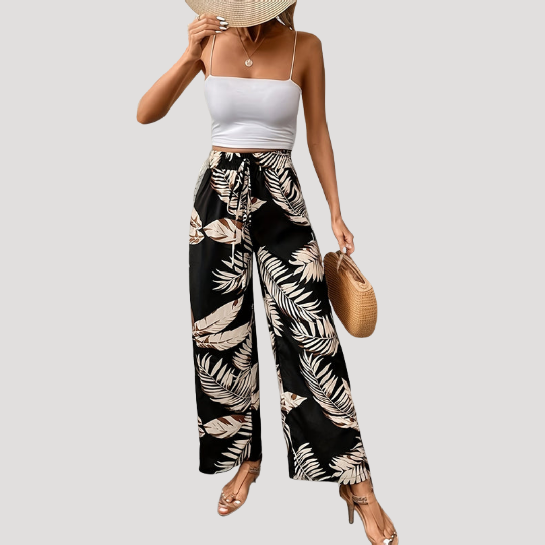 Women's Wide-Leg Tropical Print Pants with Drawstring Waist