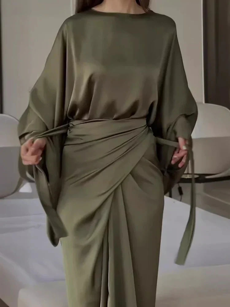 Patricia Satin Maxi Dress with Batwing Sleeves, view 3 - Elena Harper