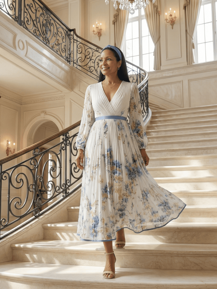Rielle™ pleated wrap midi dress by Emma & Rose Cape Town, showcasing its elegant pleated fabric and wrap design.