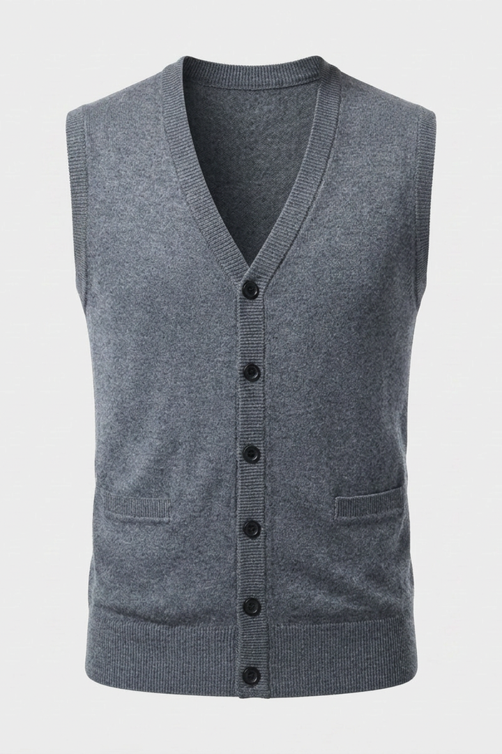 Men's Knitted Vest with V-Neck and Button Placket