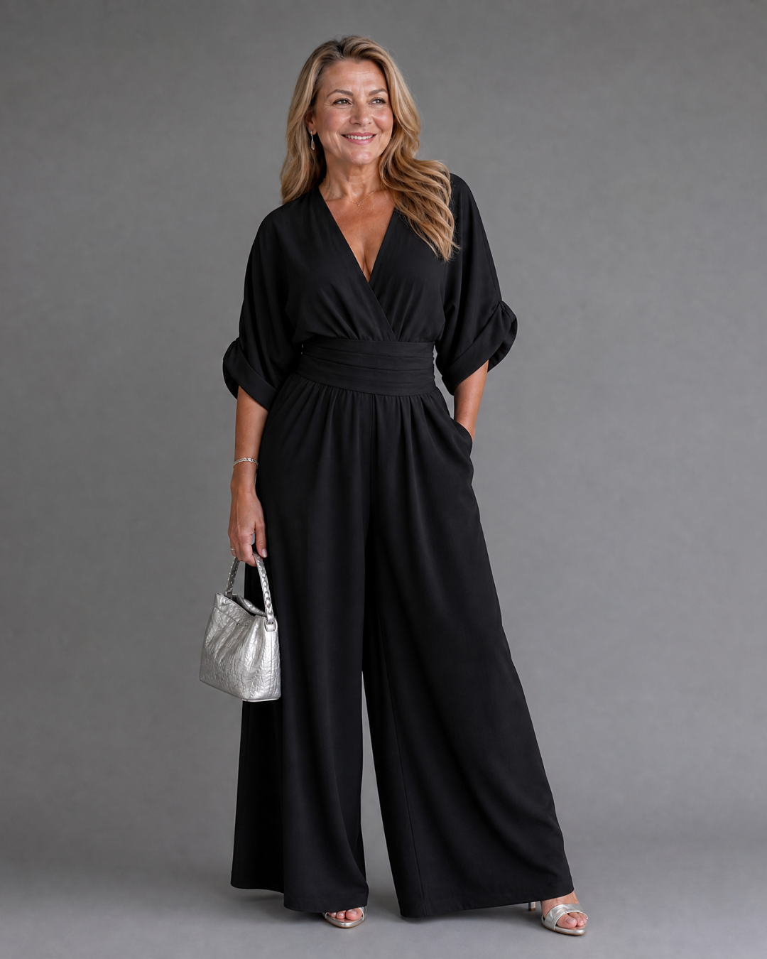 Emene Draped V Neck Wide Leg Relaxed Jumpsuit - Elena Harper