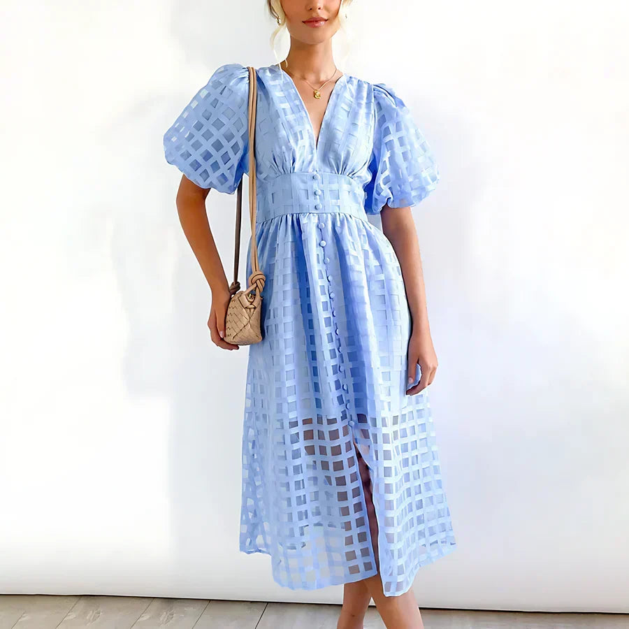 Caelis Midi Dress with Puff Sleeves in Classic Pattern, view 5 - Elena Harper