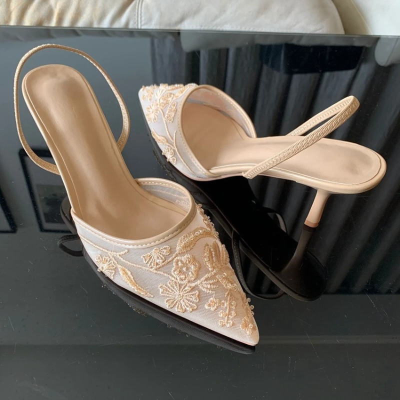 Embroidered Mesh Slingback Kitten Heels Pointed Toe
