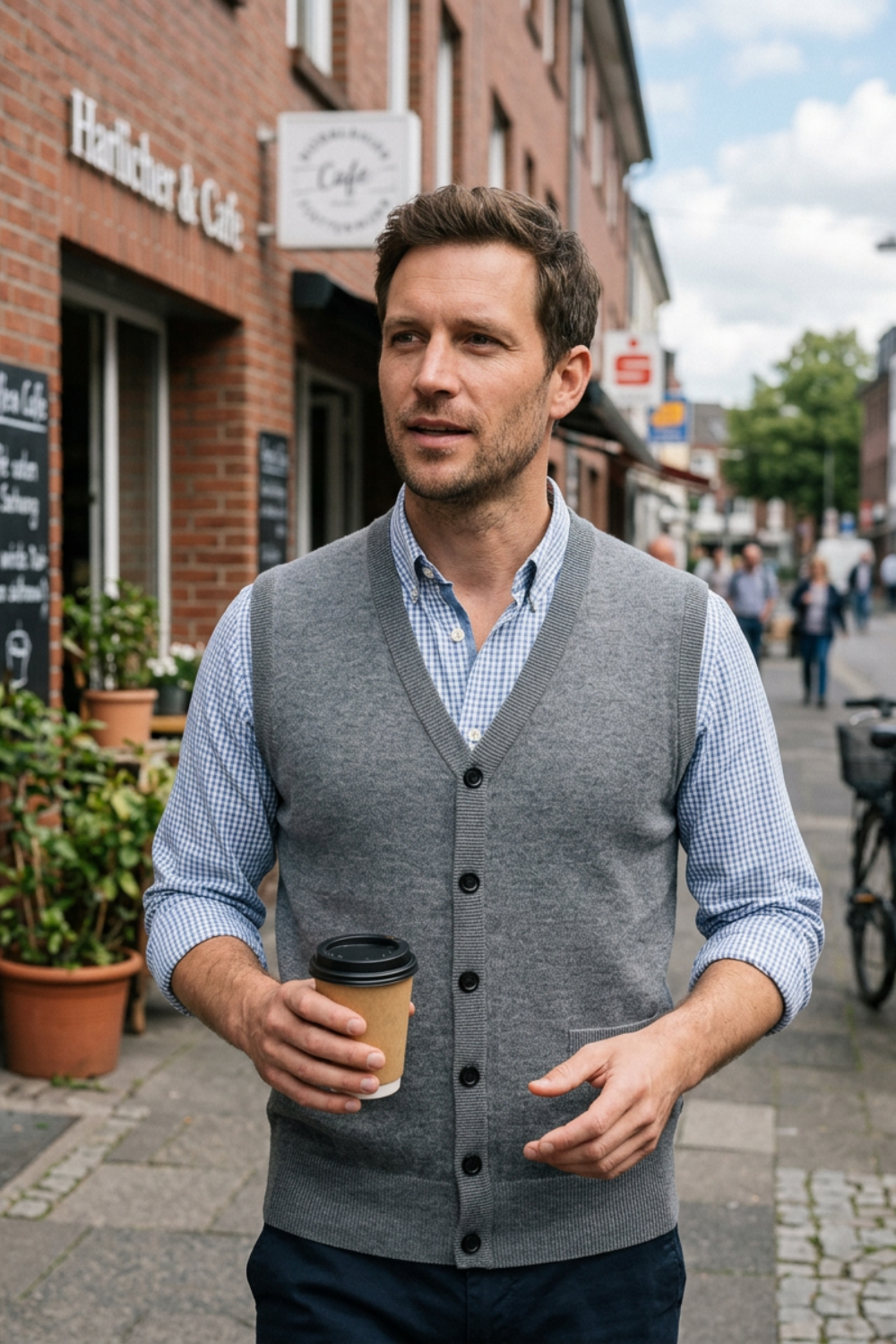 Men's Knitted Vest with V-Neck and Button Placket
