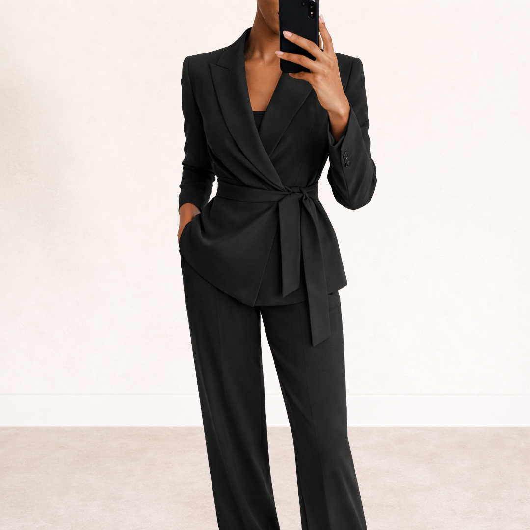 Women's Blazer Suit Set with Wide Leg Pants and Belt - Elena Harper