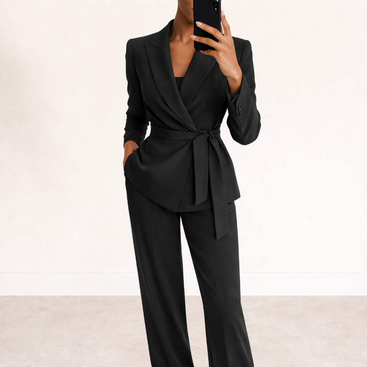 Women's Blazer Suit Set with Wide Leg Pants and Belt - Elena Harper