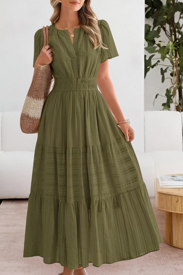 Women's Bohemian Smocked Midi Dress - Short Sleeve Comfort