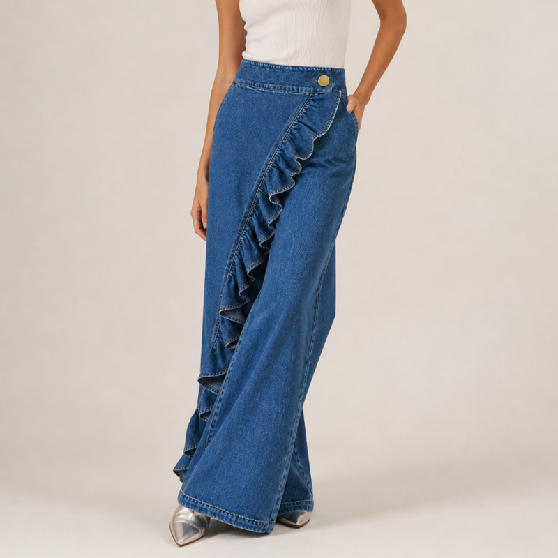 Wide Denim Pants for Women with Asymmetrical Ruffles