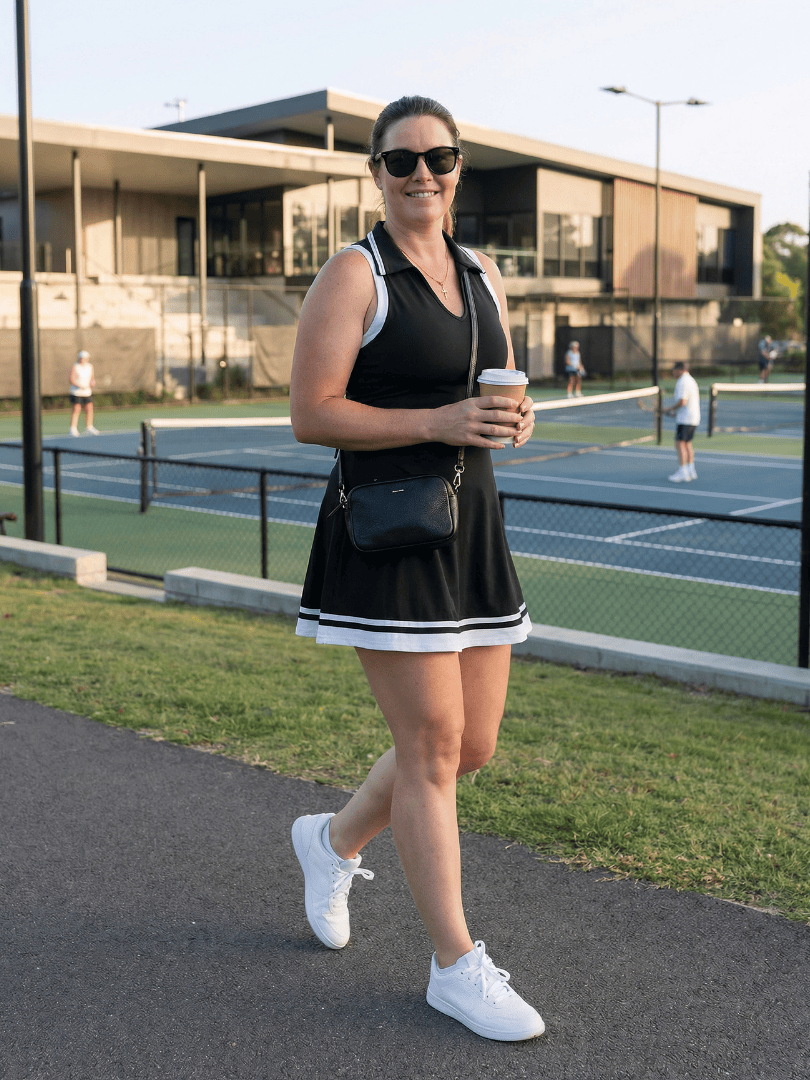 Emma & Rose Cape Town Calune™ collared tennis skirt dress featuring a fitted bodice and pleated skirt in vibrant athletic fabric.
