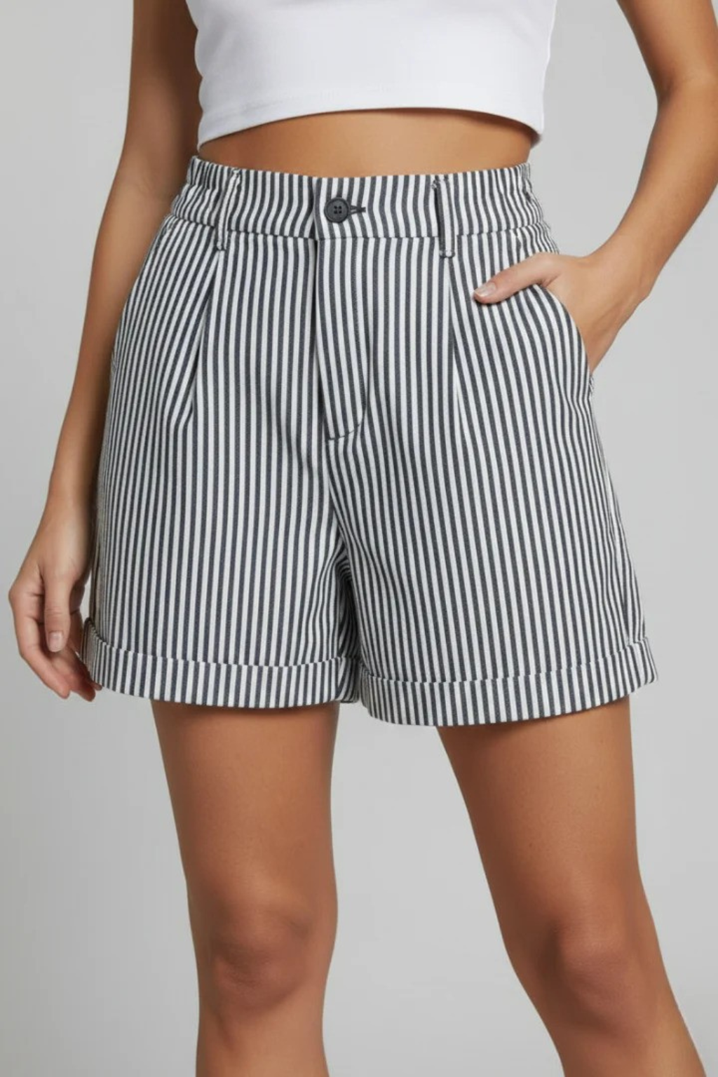 Women's Striped High Waist Tailored Shorts with Button Detail