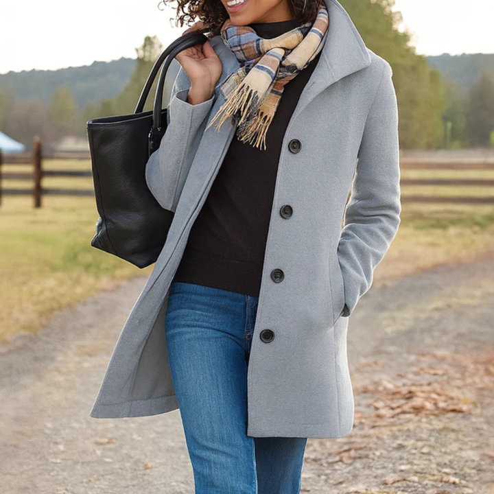 Elegant Long Buttoned Women's Coat with High Collar