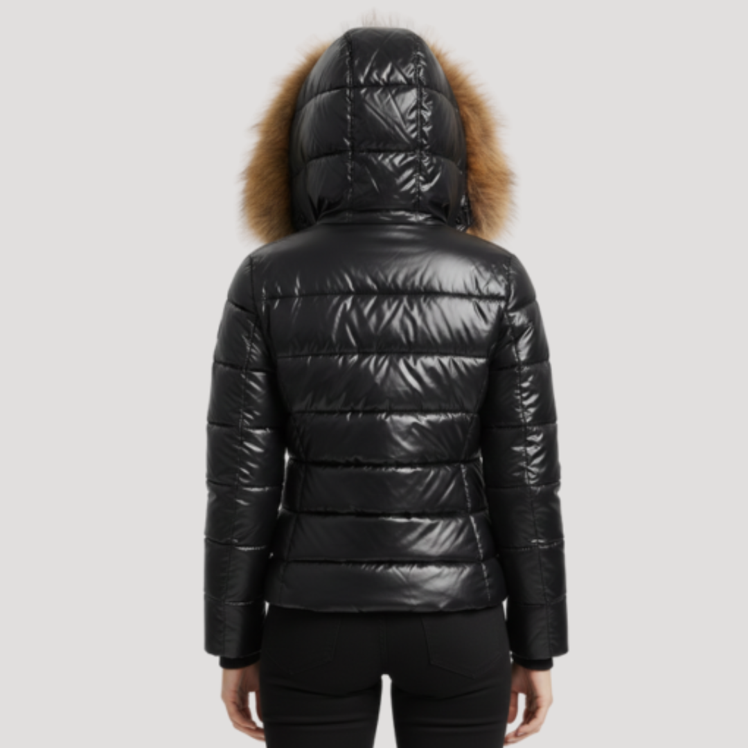 Shiny Women's Hooded Down Jacket with Faux Fur
