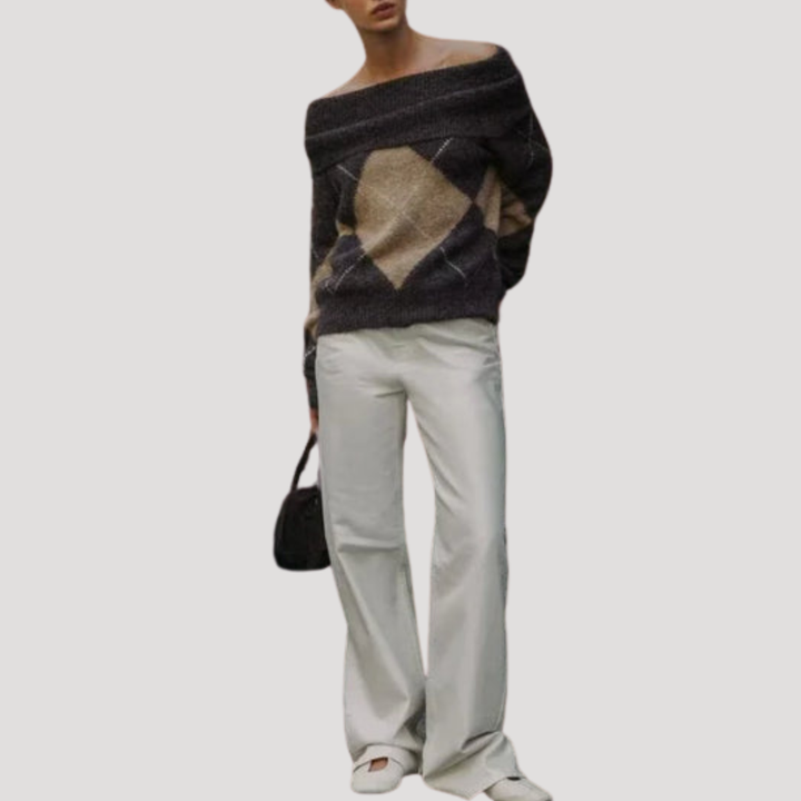 Women's Argyle Off-Shoulder Sweater