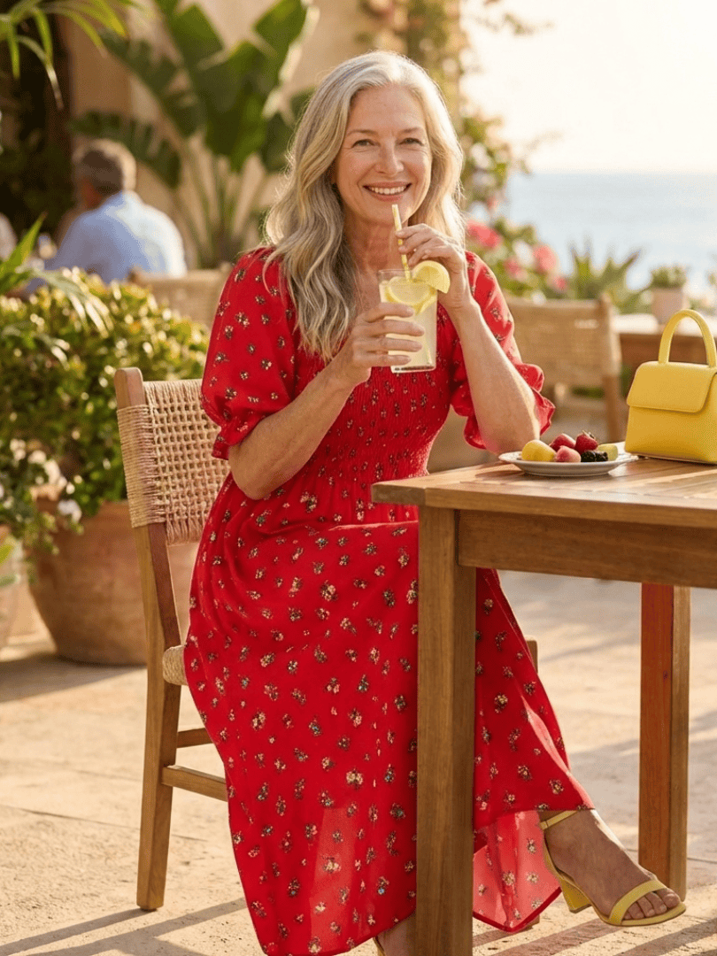Emma & Rose Cape Town Delphine™ puff sleeve midi dress featuring a feminine silhouette and lightweight fabric.