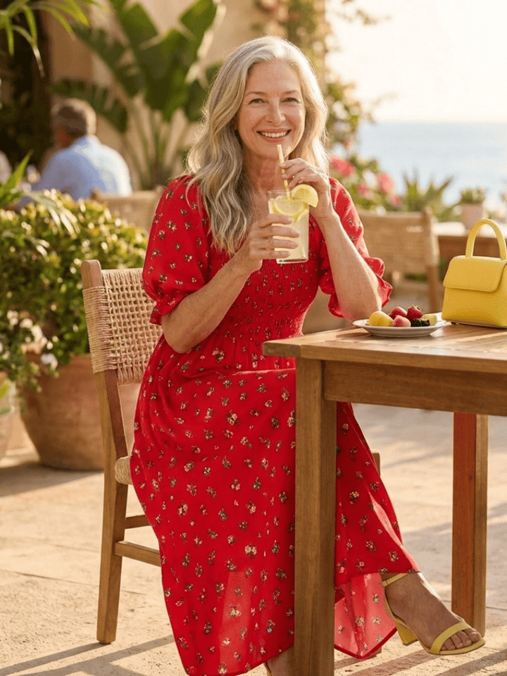 Emma & Rose Cape Town Delphine™ puff sleeve midi dress featuring a feminine silhouette and lightweight fabric.