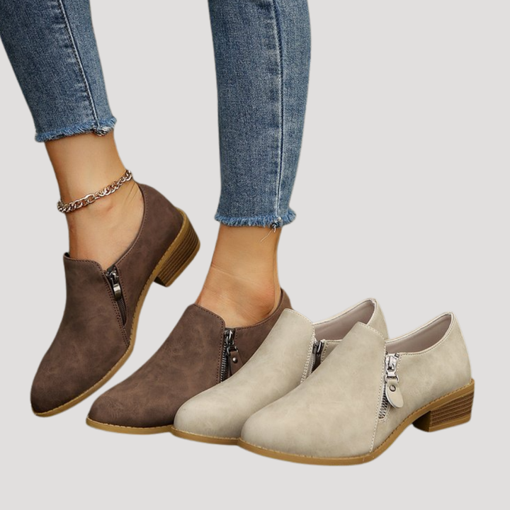 Women's Low Heel Ankle Boots with Zipper Details