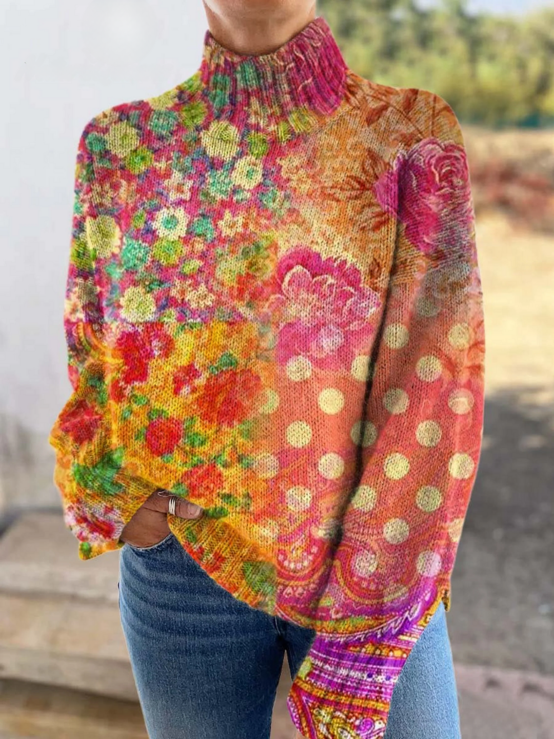 Floral polka dot knitted sweater by Emma & Rose Cape Town featuring colorful flower and dot patterns on soft fabric.