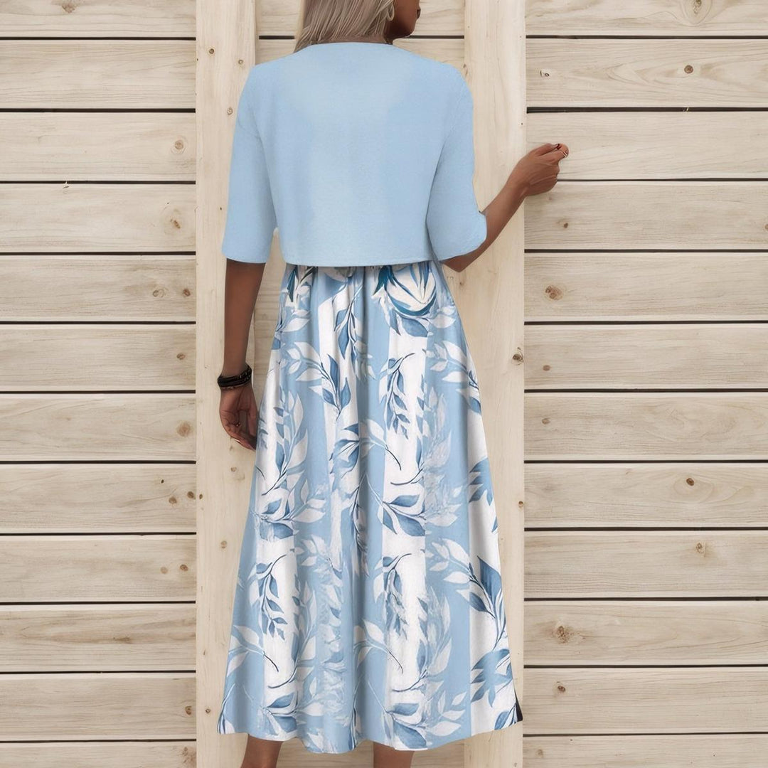 Unique Blue Plant Print Midi Dress With Jacket - Elena Harper