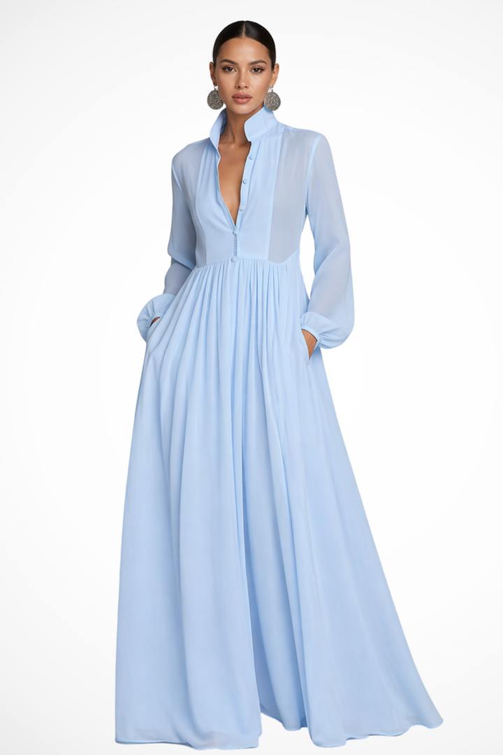 Ladies Maxi Dress Long Sleeve with Buttons and Pockets - Elena Harper