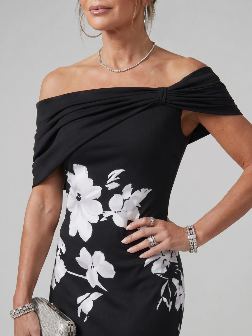 Women's Off Shoulder Draped Neckline Midi Dress, view 6 - Elena Harper