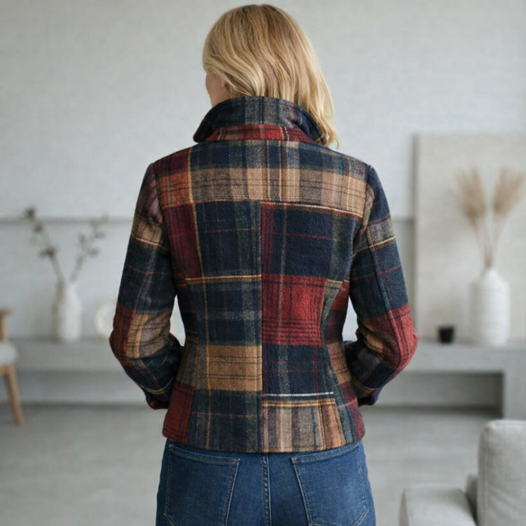 Emma & Rose Cape Town Natalie plaid mid-season coat displayed on a hanger with a classic check pattern and tailored fit.