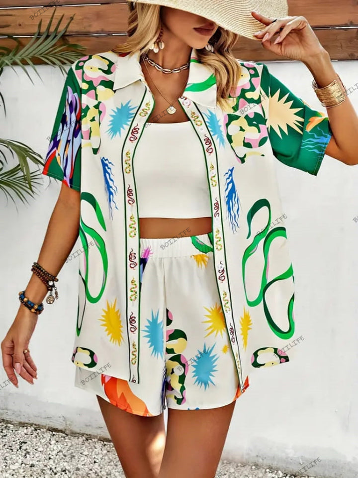 Fashionable Floral Print Casual Cardigan & Shorts Set