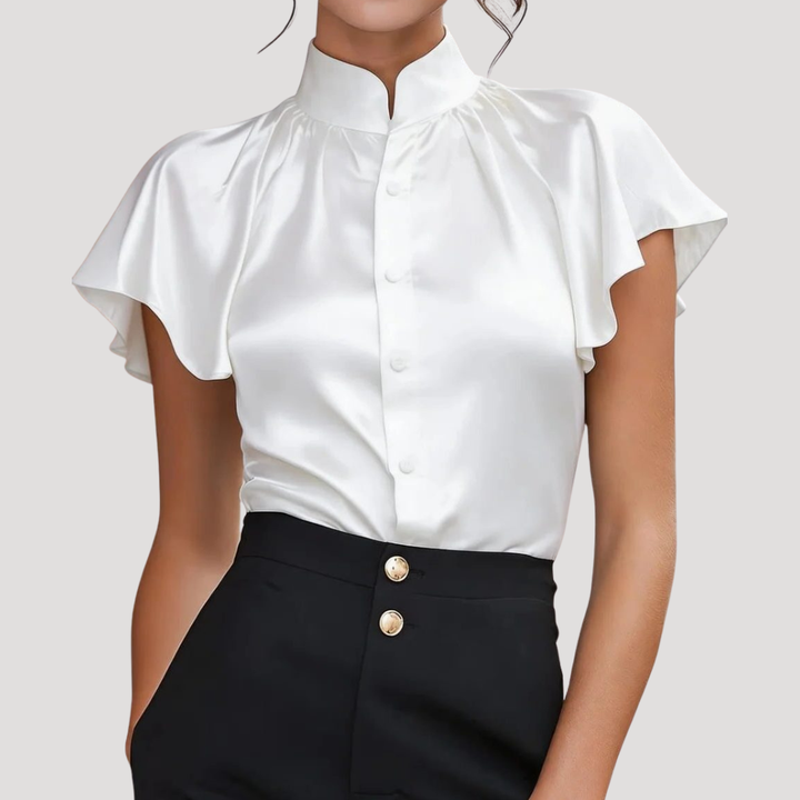Elegant Satin Blouse for Women with Ruffled Collar and Sleeves