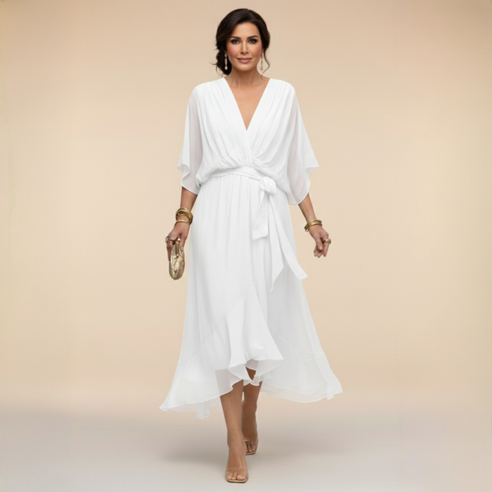 Harshani Ruffle Dress with V-Neck, view 7 - Elena Harper