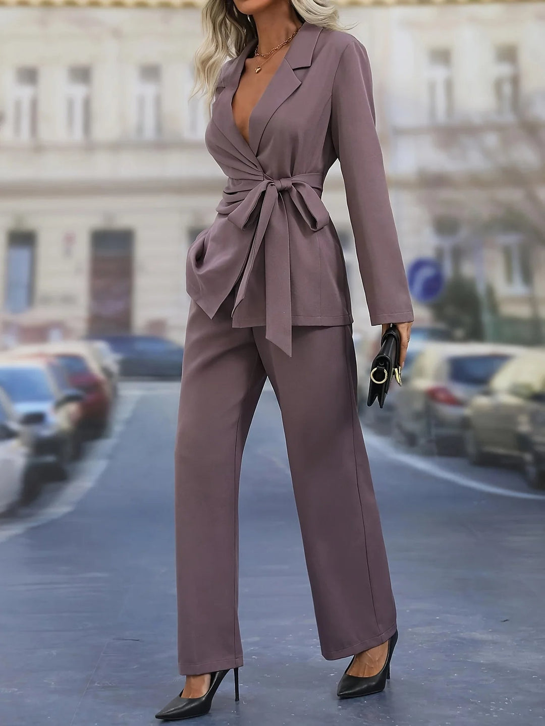 Women's Blazer Pants Set with Belted Wrap Jacket