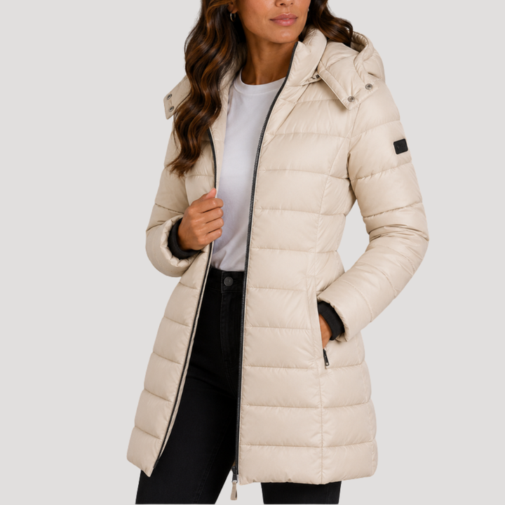 Long Women's Puffer Jacket with Hood and Zipper Closure