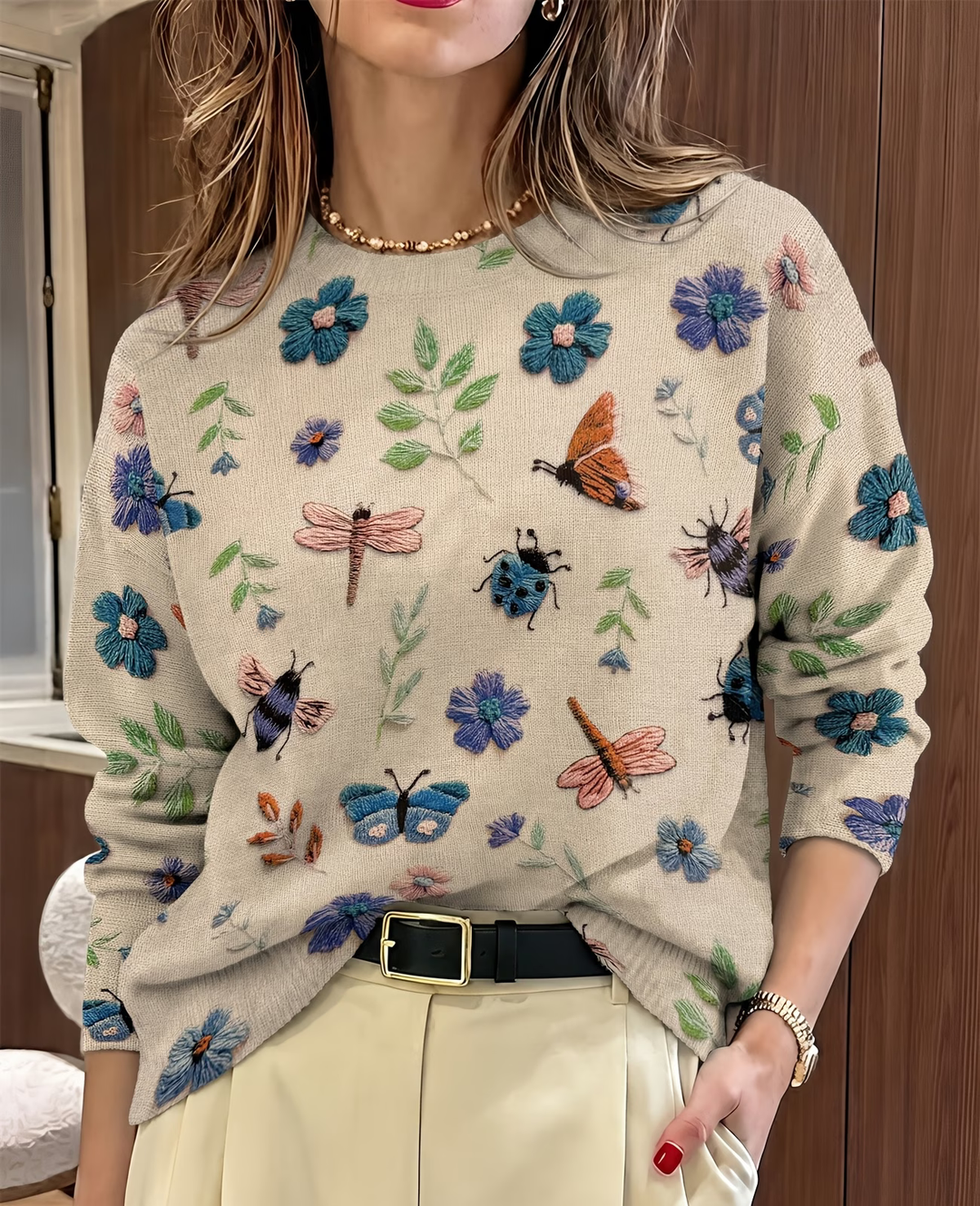 Lesa Pullover with Flower and Insect Pattern, view 2 - Elena Harper