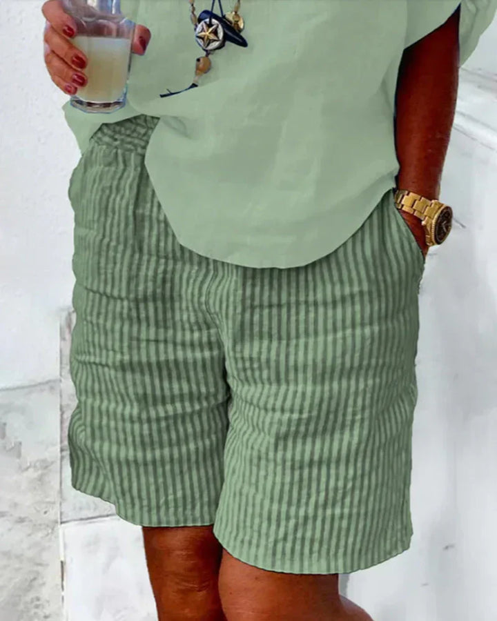 Clara Striped Cotton Shorts, view 3 - Elena Harper