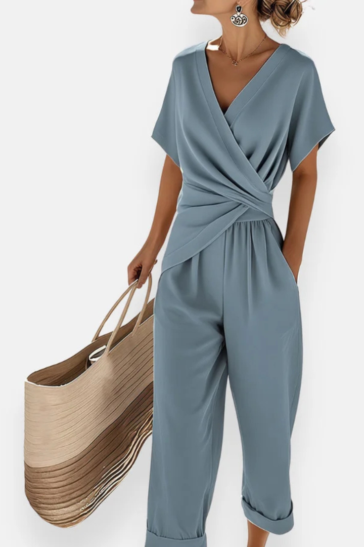Short wrap jumpsuit for women – Short sleeves and pockets – Casual summer style