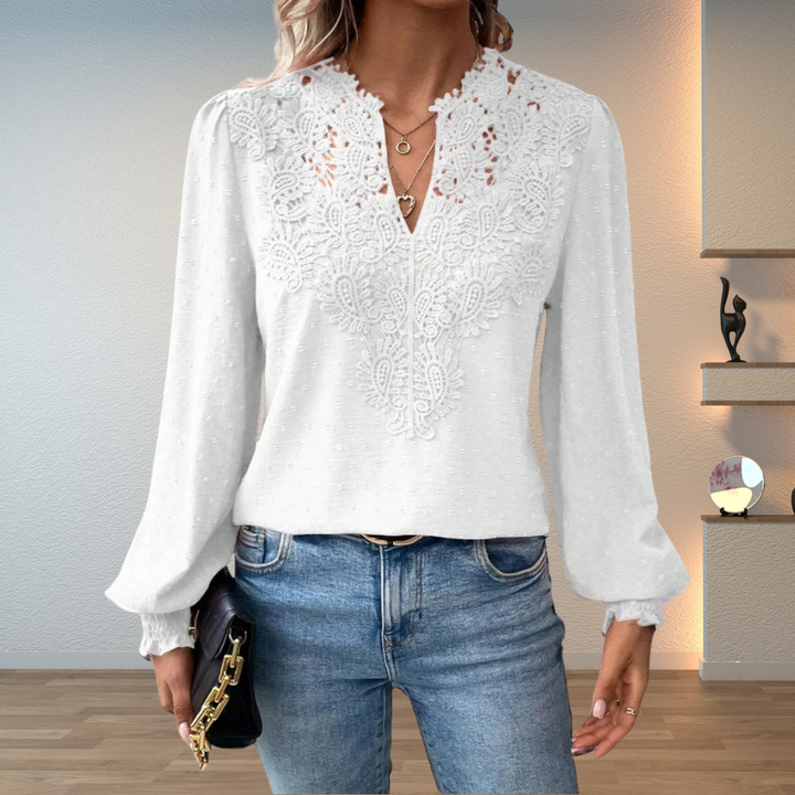 Lillian | Ladies V-Neck Long Sleeve Floral Detail Blouse Top