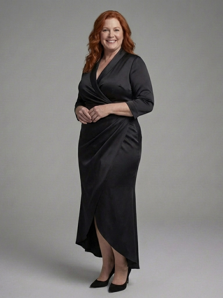 Women's Long Sleeve Wrap Midi Dress Elegant High Low Design, view 6 - Elena Harper