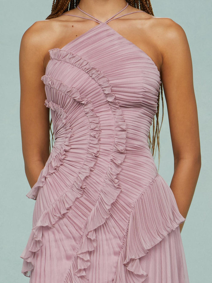 Elegant Asymmetrical Ruffled Long Pleated Dress for Women, view 7 - Elena Harper