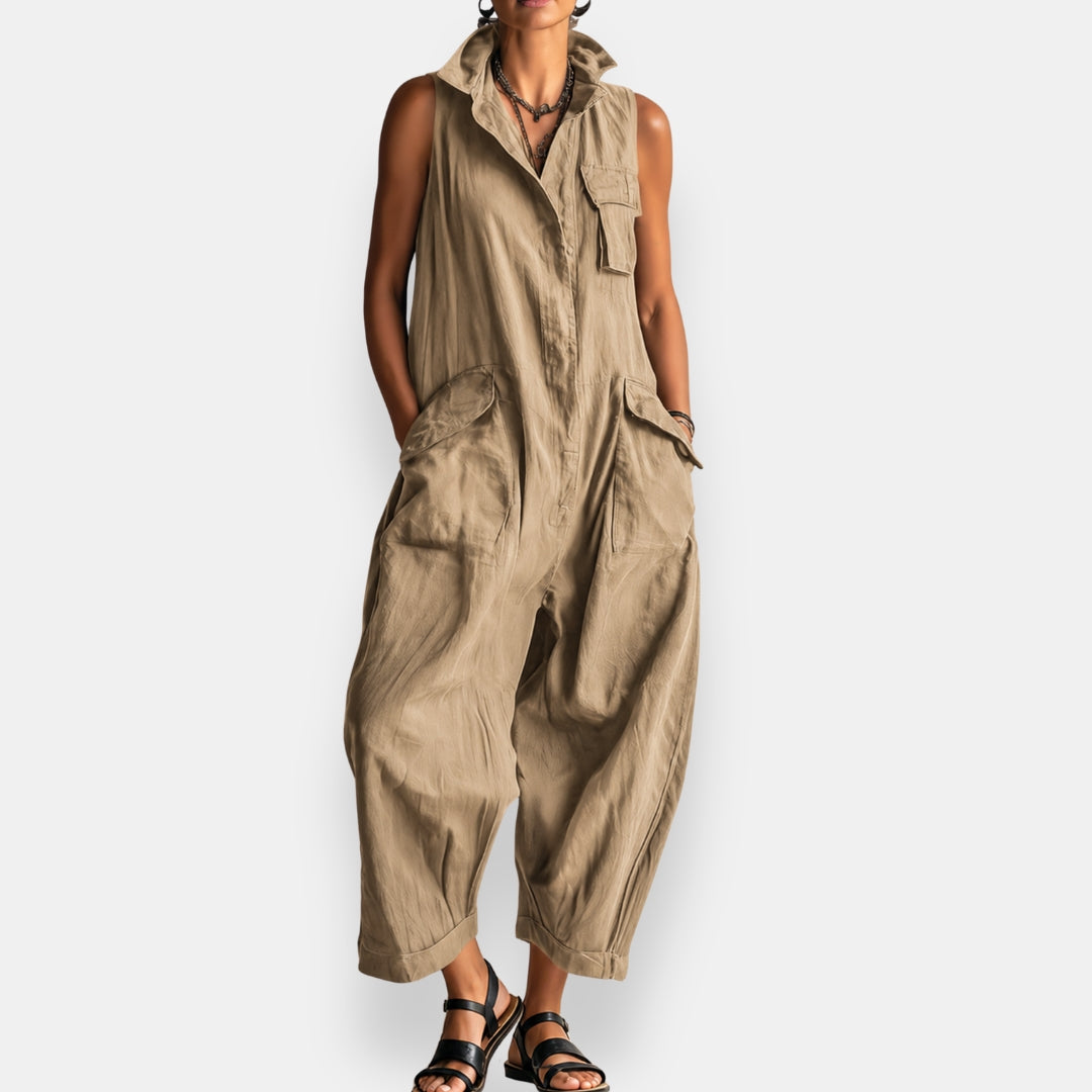 Women's Sleeveless Utility Style Jumpsuit with Structured Collar