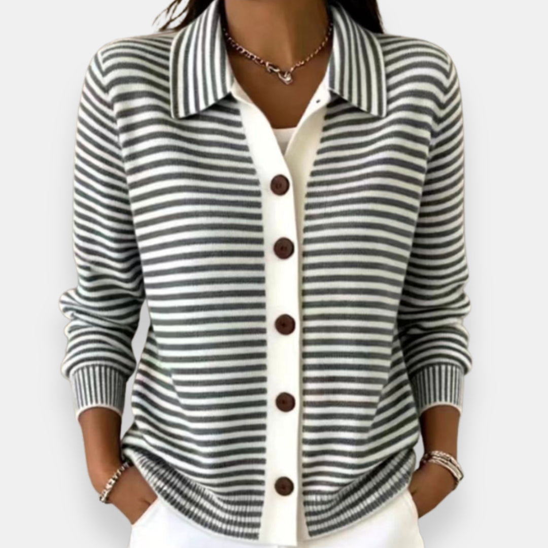 Women's Striped Collared Button Cardigan Nola, view 3 - Elena Harper