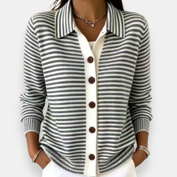 Women's Striped Collared Button Cardigan Nola, view 3 - Elena Harper