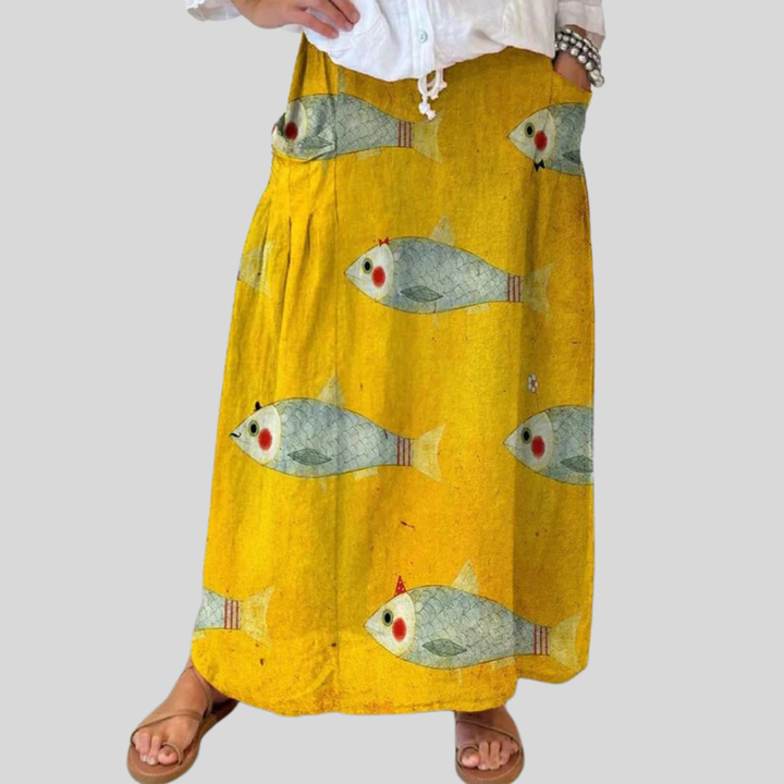 Women's Vintage Fish Art Print Linen Skirt
